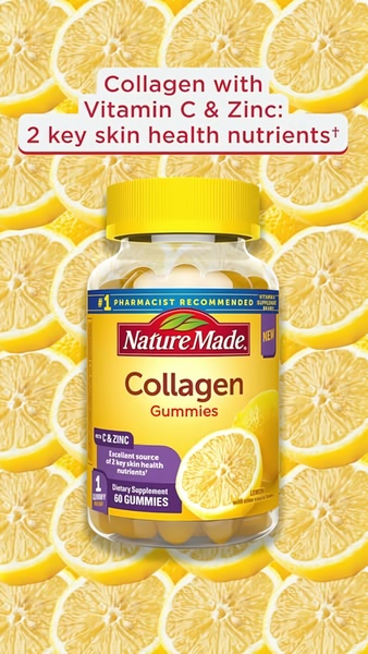 A vertical ad creative featuring a bottle of Collagen Gummies centered against a repeating pattern of lemon slices to visually signal natural ingredients.